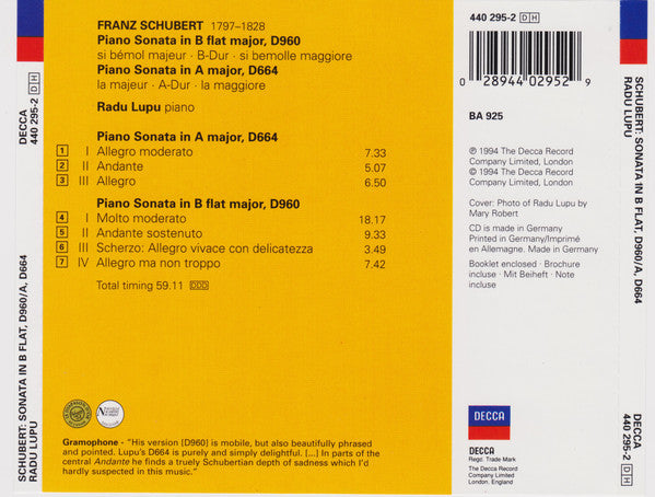 Radu Lupu - Schubert: Piano Sonatas D960 & D664 (CD) - Discords.nl