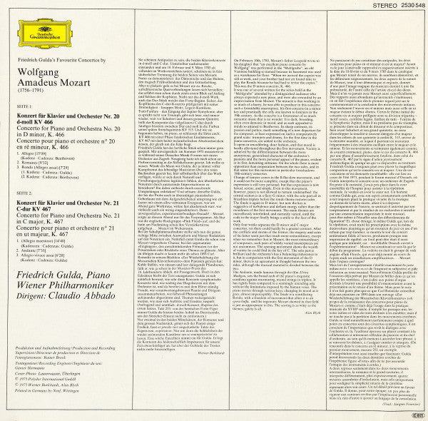 Wolfgang Amadeus Mozart – Friedrich Gulda, Wiener Philharmoniker, Claudio Abbado - Klavierkonzerte · Piano Concertos Nr. 20 & 21 (LP Tweedehands) - Discords.nl