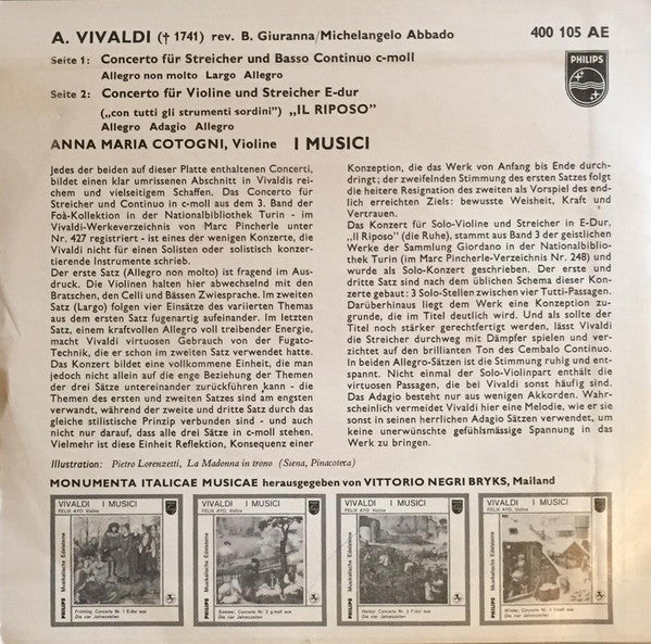 Antonio Vivaldi, I Musici, Anna Maria Cotogni - Concerto Für Streicher Und Basso Continuo C-Moll (7-inch Tweedehands) - Discords.nl
