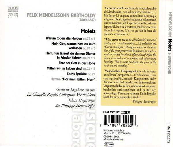 Felix Mendelssohn-Bartholdy - La Chapelle Royale, Collegium Vocale, Philippe Herreweghe - Motets & Psaumes (CD) - Discords.nl