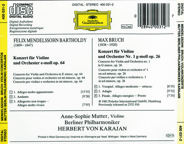 Felix Mendelssohn-Bartholdy • Max Bruch - Anne-Sophie Mutter, Berliner Philharmoniker, Herbert von Karajan - Violinkonzerte (CD) - Discords.nl
