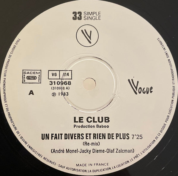 Le Club - Un Fait Divers Et Rien De Plus (12" Tweedehands) - Discords.nl