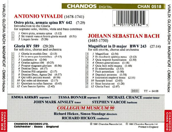 Antonio Vivaldi / Johann Sebastian Bach - Collegium Musicum 90, Emma Kirkby, Tessa Bonner, Michael Chance, John Mark Ainsley, Stephen Varcoe, Richard Hickox - Gloria • Ostro Picta / Magnificat (CD Tweedehands) - Discords.nl