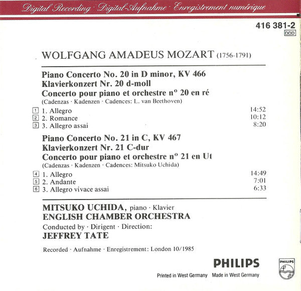 Wolfgang Amadeus Mozart, Mitsuko Uchida, English Chamber Orchestra, Jeffrey Tate - Piano Concertos · Klavierkonzerte No.20 KV 466 · No. 21 KV 467 (CD Tweedehands) - Discords.nl