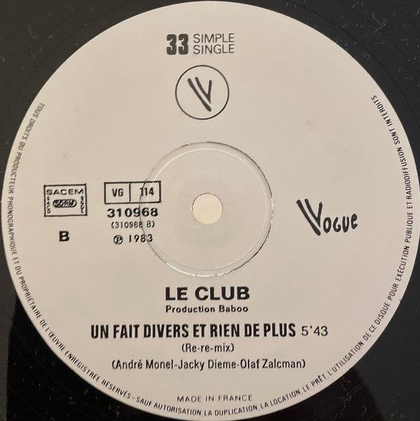 Le Club - Un Fait Divers Et Rien De Plus (12" Tweedehands) - Discords.nl