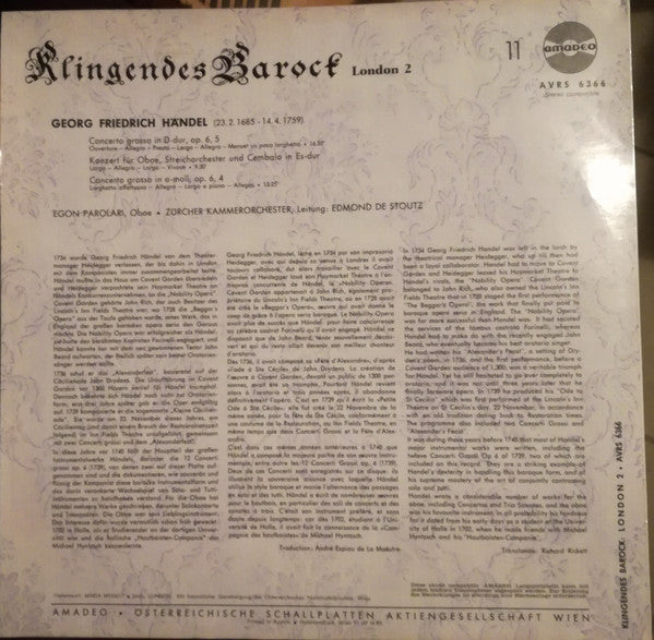 Edmond De Stoutz, Zürcher Kammerorchester, Egon Parolari, Georg Friedrich Händel - Klingendes Barock 11 - London (2) (LP Tweedehands) - Discords.nl