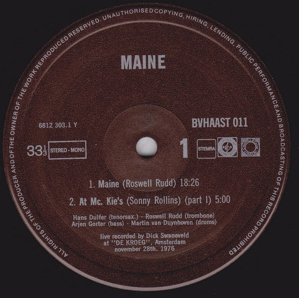 Hans Dulfer / Roswell Rudd / Arjen Gorter / Martin van Duynhoven - Maine (LP Tweedehands) - Discords.nl