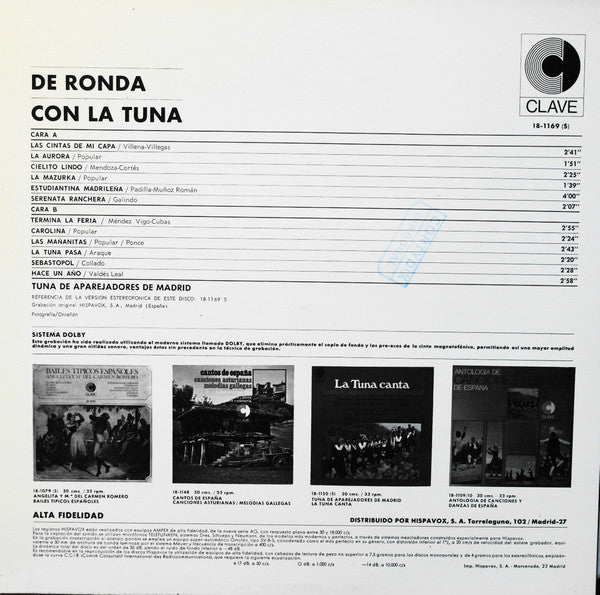 Tuna De Aparejadores De Madrid - De Ronda Con La Tuna (LP Tweedehands) - Discords.nl
