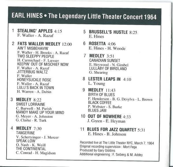 Earl Hines - The Legendary Little Theater Concert Of 1964 (CD Tweedehands) - Discords.nl