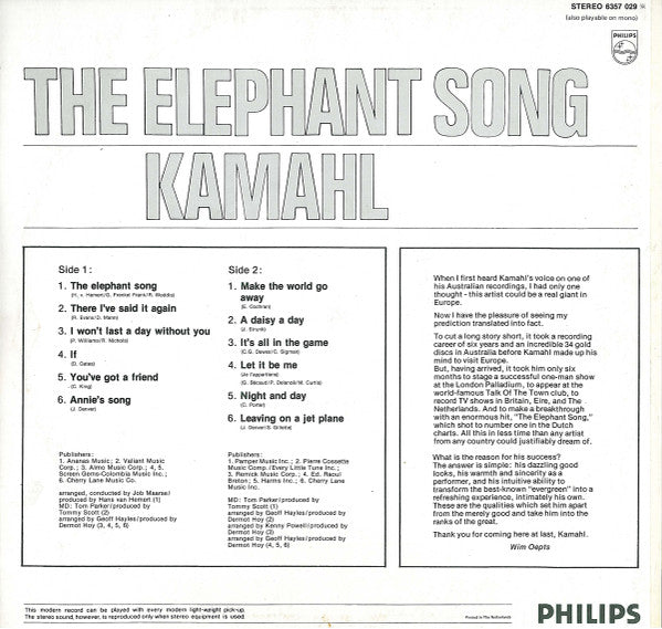 Kamahl - The Elephant Song (LP Tweedehands) - Discords.nl