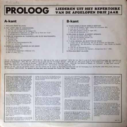 Toneelwerkgroep Proloog - Proloog Liederen (LP Tweedehands) - Discords.nl