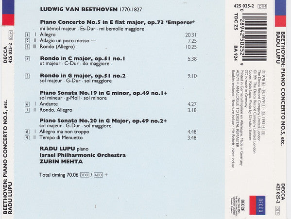 Ludwig van Beethoven, Radu Lupu, Zubin Mehta, Israel Philharmonic Orchestra - Piano Concerto No. 5 / Rondos Op. 51 / Sonatas Nos. 19 & 20 (CD) - Discords.nl