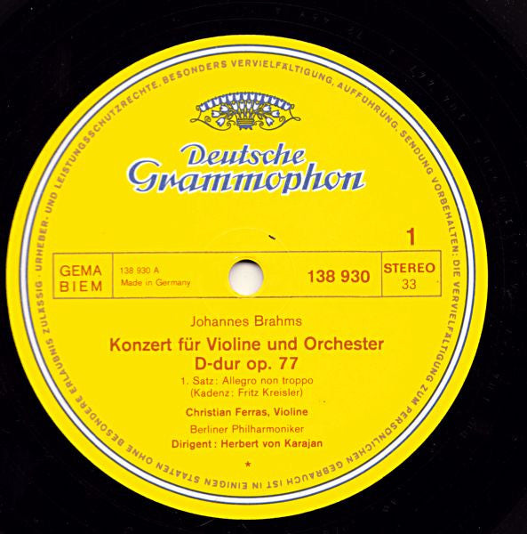 Johannes Brahms - Christian Ferras, Berliner Philharmoniker, Herbert Von Karajan - Violinkonzert In D-Dur (LP Tweedehands) - Discords.nl